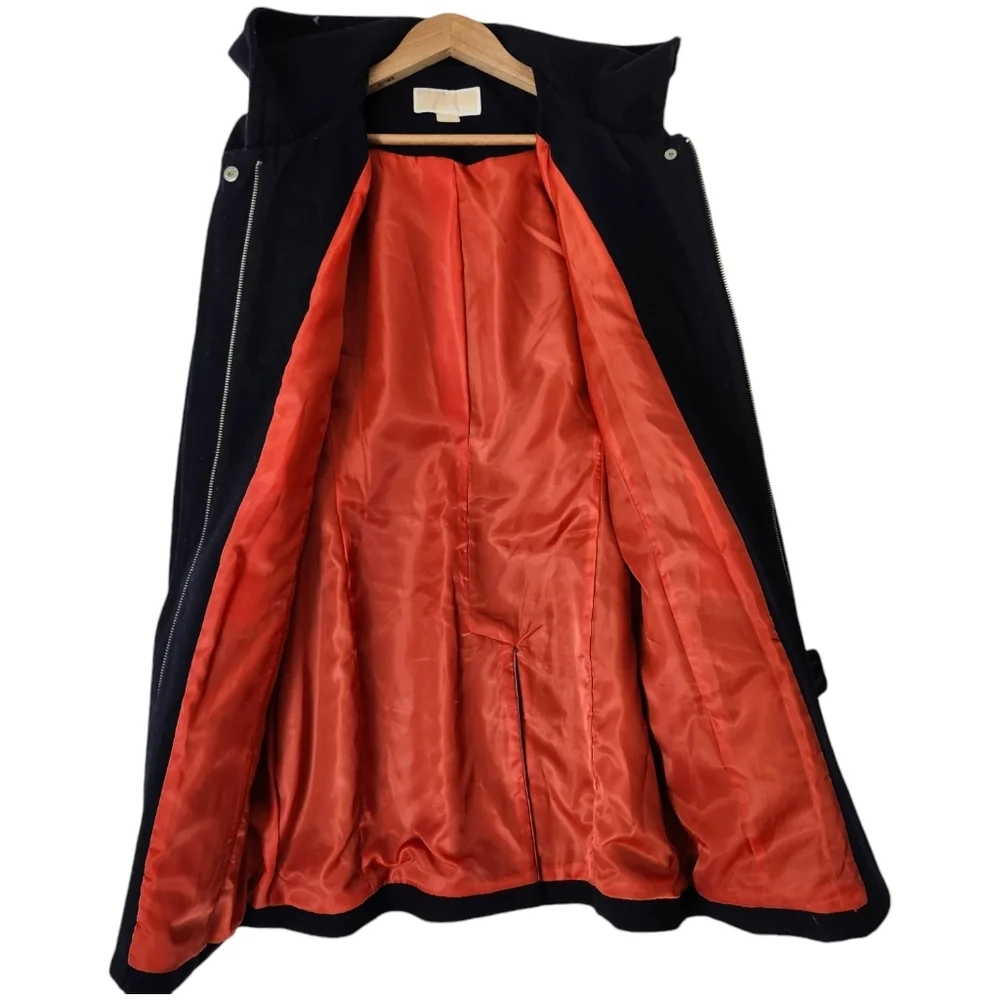MICHAEL MICHAEL‎ KORS Full Zip Wool Blend Navy Hooded Winter Coat Horn Buttons